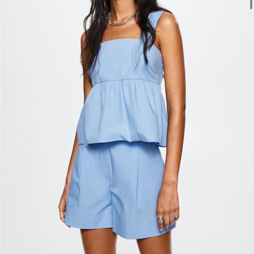 Mango cotton top with ruffles blue